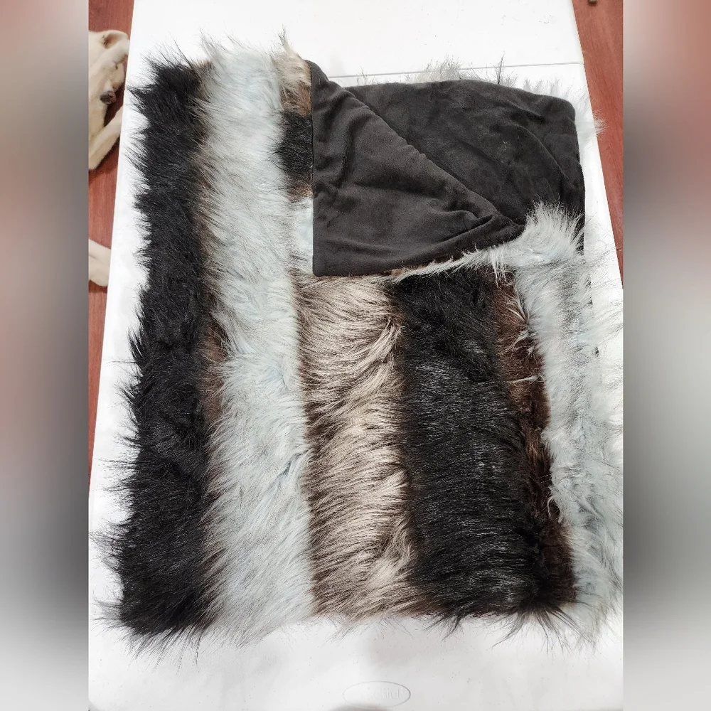 West Elm 47X60 Faux Fur Throw Blanket in Black and Gray
